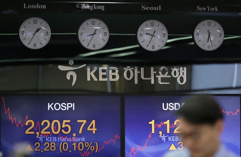 A currency trader walks by screens showing the Korea Composite Stock Price Index (KOSPI), left, and the foreign exchange rate between U.S. dollar and South Korean won at the foreign exchange dealing room in Seoul, South Korea, Thursday, Feb. 7, 2019. Asian shares were mostly higher Thursday on news that the Reserve Bank of Australia may cut interest rates, driving hopes that other central banks could come to the same conclusion. (AP Photo/Lee Jin-man)
