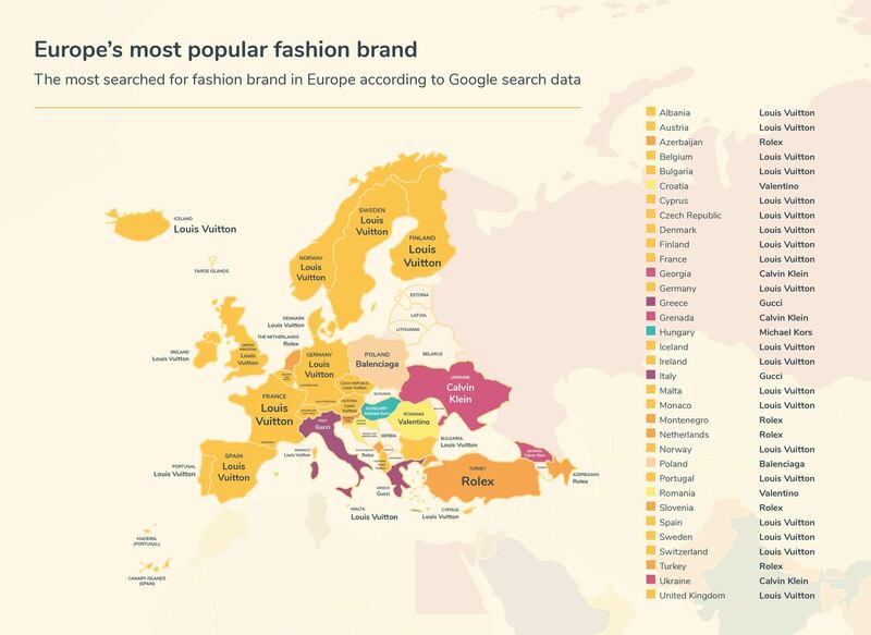 A map showing the most searched-for fashion brands across Europe. Courtesy Money.co.uk