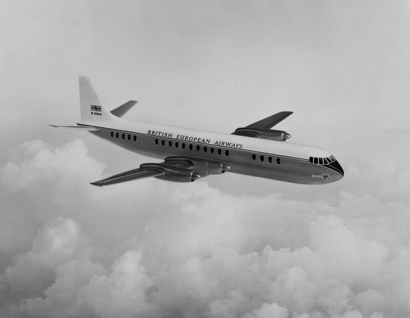 An impression of  the British European Airways (BEA) Vickers Viscount medium-range four engined turboprop commercial airliner circa 1960.  (Photo by Fox Photos/Hulton Archive/Getty Images).