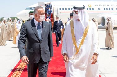 Sheikh Mohamed bin Zayed receives Mustafa Al Kadhimi, Prime Minister of Iraq, in Abu Dhabi. Image: MOPA