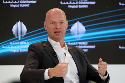 DUBAI , UNITED ARAB EMIRATES , FEB 12  – 2018 :- Sebastian Thrun , Chief Executive Officer – Udacity speaking during the session on ‘ Can We Govern A.I ? on the second day of World Government Summit 2018 held at Madinat Jumeirah in Dubai. ( Pawan Singh / The National ) For News. 