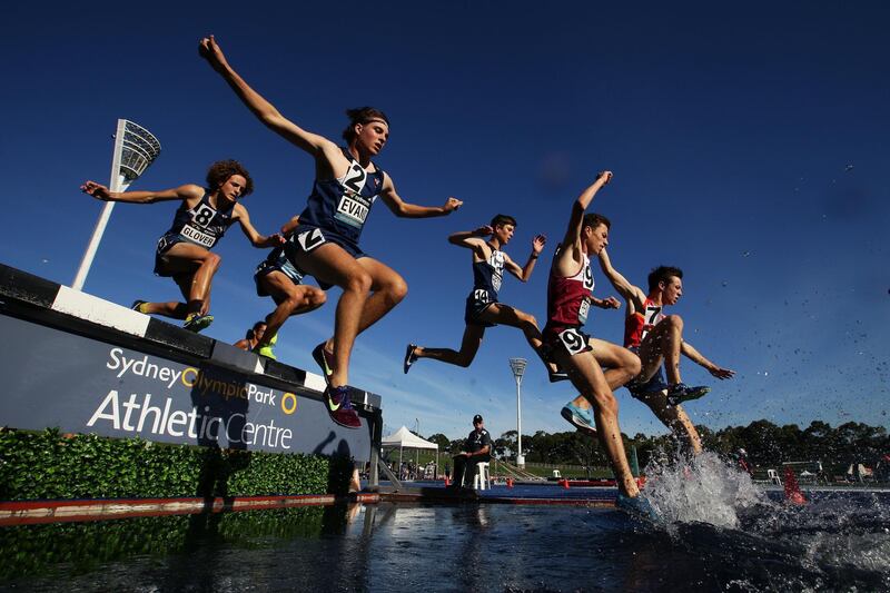 Competitors race in the U20 Mens Steeplechase during the Australian Track and Field Championships at Sydney Olympic Park Athletic Centre. Getty Images