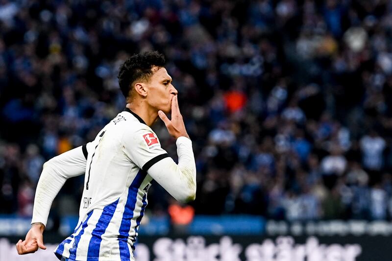 Hertha's Davie Selke celebrates after a second goal for the home side. EPA