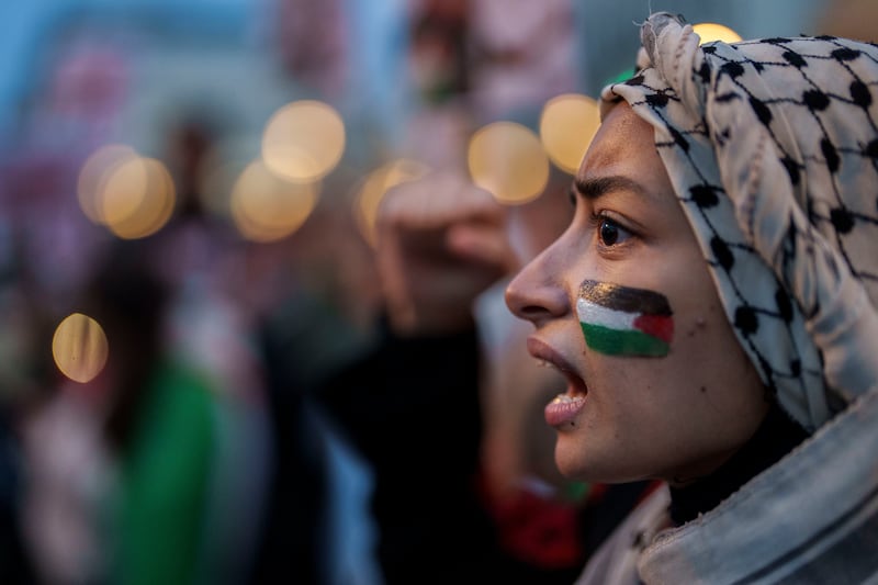 A demonstrator during a pro-Palestinian rally at the Puerta del Sol square in Madrid. AP