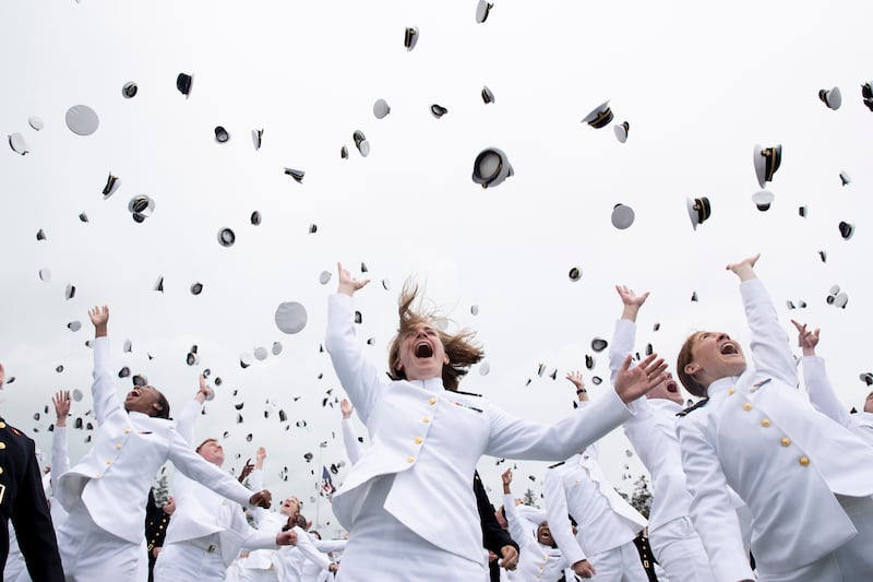 United States Naval Academy graduates celebrate at the Navy Marine Corps Memorial Stadium in Annapolis, Maryland. EPA