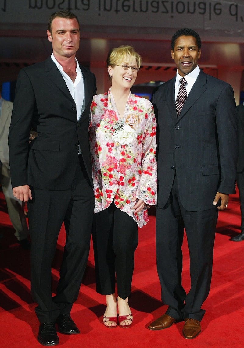 VENICE, ITALY - SEPTEMBER 2:  (L-R) Actors Liev Schreiber, Denzel Washington and Meryl Streep attend the "The Manchurian Candidate" Premiere at the 61st Venice Film Festival on September 2, 2004 in Venice, Italy. (Photo by Pascal Le Segretain/Getty Images)   