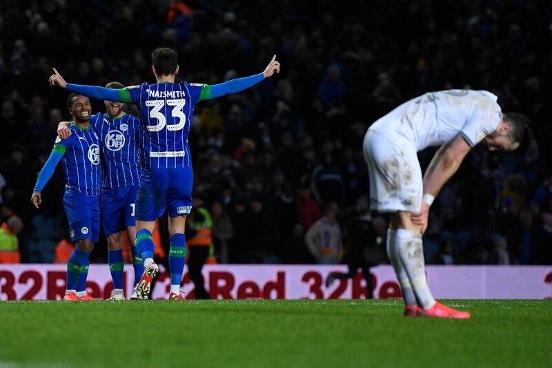 Wigan Athletic players celebrate a 1-0 victory over Leeds on February 1. Getty