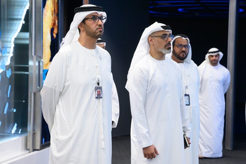 Sheikh Khaled, second left, tours Adnoc headquarters with Dr Al Jaber, left. Photo: Hamad Al Kaabi / UAE Presidential Court 