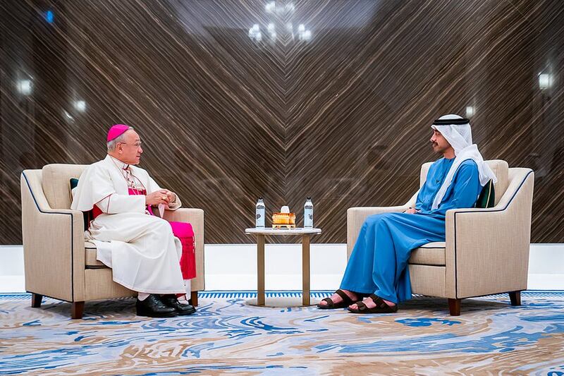 Sheikh Abdullah bin Zayed, Minister of Foreign Affairs and International Co-operation, meets with Archbishop Edgar Peña Parra. Photo: Office of the Minister of Foreign Affairs and International Co-operation
