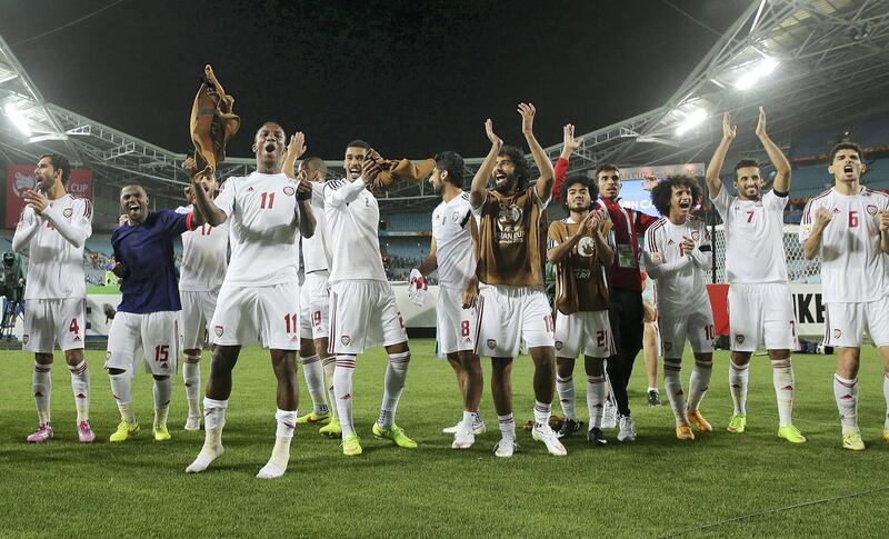 SYDNEY, AUSTRALIA - JANUARY 23:  United Arab Emirates players celebrate after winning the penalty shoot out during the 2015 Asian Cup Quarter Final match between Japan and the United Arab Emirates at ANZ Stadium on January 23, 2015 in Sydney, Australia.  (Photo by Mark Metcalfe/Getty Images)