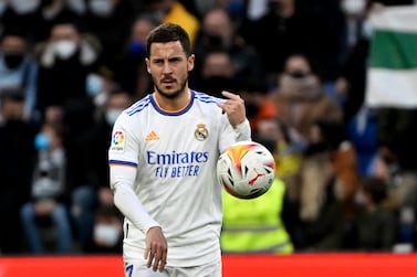 Real Madrid's Belgian forward Eden Hazard reacts during the Spanish league football match between Real Madrid CF and Elche CF at the Santiago Bernabeu stadium in Madrid on January 23, 2022.  (Photo by PIERRE-PHILIPPE MARCOU  /  AFP)