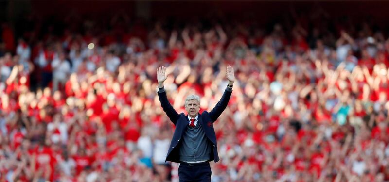 Soccer Football - Premier League - Arsenal vs Burnley - Emirates Stadium, London, Britain - May 6, 2018   Arsenal manager Arsene Wenger waves to the fans after the match   Action Images via Reuters/Matthew Childs    EDITORIAL USE ONLY. No use with unauthorized audio, video, data, fixture lists, club/league logos or "live" services. Online in-match use limited to 75 images, no video emulation. No use in betting, games or single club/league/player publications.  Please contact your account representative for further details.     TPX IMAGES OF THE DAY