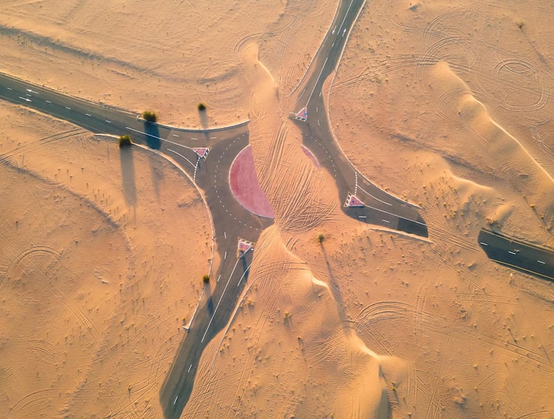 Desert-dusted roads in Al Awir, Dubai.