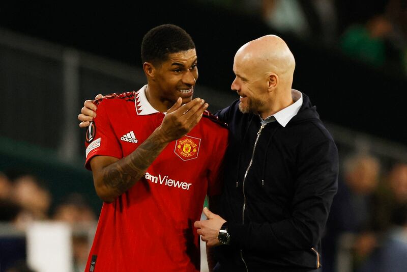 United manager Erik ten Hag with Marcus Rashford after he was substituted. Reuters