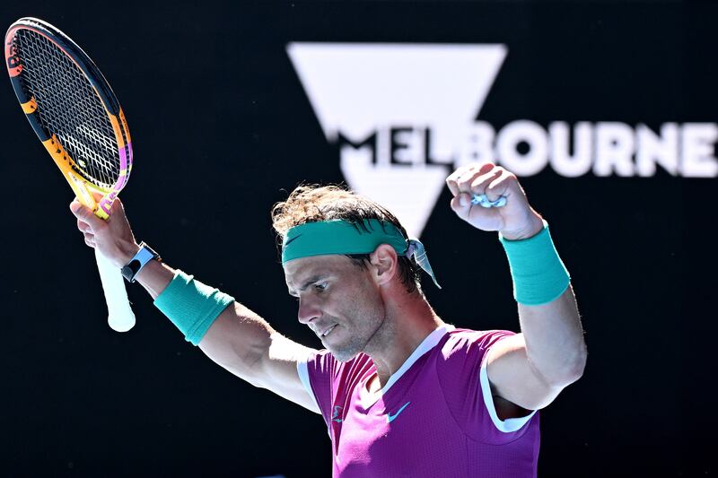 Rafael Nadal celebrates his win over Yannick Hanfmann in the second round of the Australian Open. EPA