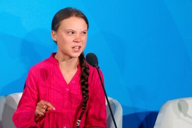 Environmental activist Greta Thunberg addresses the Climate Action Summit at the United Nations General Assembly in New York. AP Photo