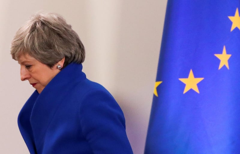 British Prime Minister Theresa May leaves after a news conference following an extraordinary European Union leaders summit to discuss Brexit, in Brussels, Belgium April 11, 2019.  REUTERS/Yves Herman