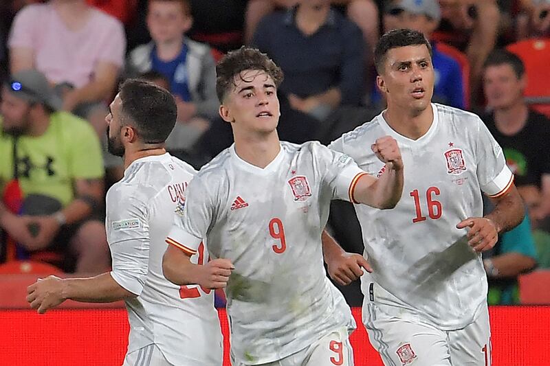 Gavi celebrates after scoring for Spain against Czech Republic in the Nations League match at the Sinobo Stadium in Prague, on June 5, 2022. AFP