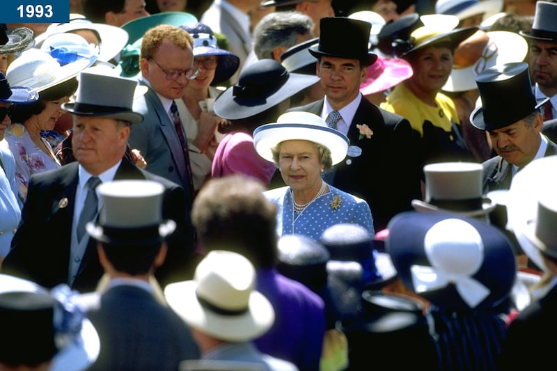 1993: The queen walking through the crowds at Royal Ascot.