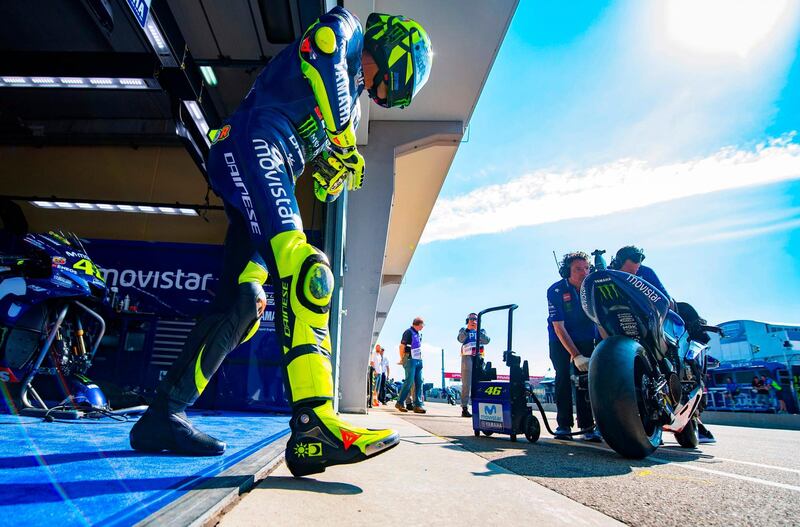 Italian Yamaha rider Valentino Rossi arrives for a German MotoGP practice session at the Sachsenring, Hohenstein-Ernstthal, Germany. Robert Michael / AFP