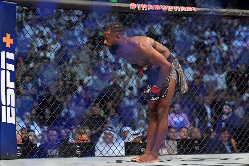 Aljamain Sterling reacts after winning the bantamweight  title at the Etihad Arena in Abu Dhabi. AFP