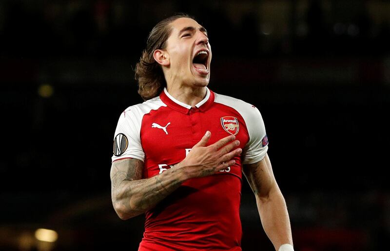 Arsenal's Hector Bellerin celebrates scoring his team's third goal. John Sibley / Reuters