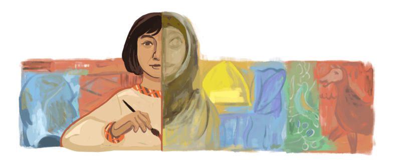 The Google Doodle on April 23, 2022, pays tribute to the Baghdadiya artist, in her own painting style. Photo: Google