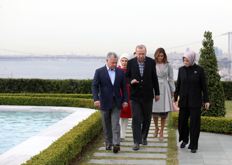 Turkish President Recep Tayyip Erdogan, his wife Emine Erdogan, King Abdullah II of Jordan and his wife Queen Rania during their breakfast meeting at Vahdetting Mansion in Istanbul. EPA