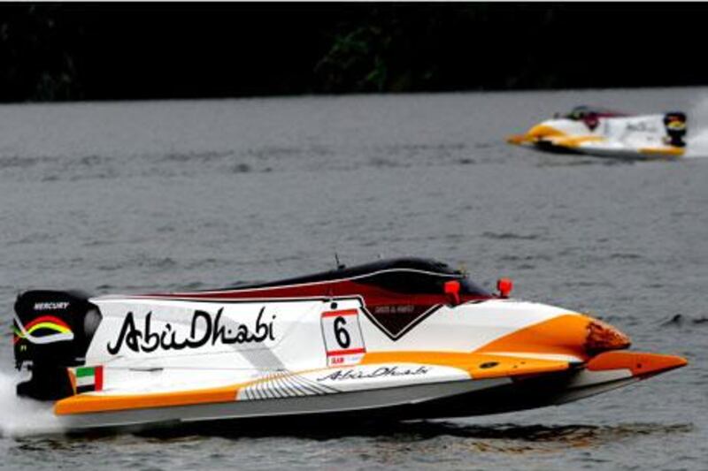 Ahmed Al Hameli, in the foreground, leads Team Abu Dhabi teammate Thani Al Qamzi on the Liu River in China, but the pair would change places further in the race for Al Qamzi to trail by just 12 points in the Championship.