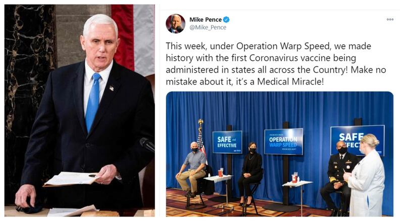 Former Vice President Mike Pence got the vaccine back in December, with the dose administered on live television. The outgoing VP called it a 'medical miracle.' AFP, Twitter