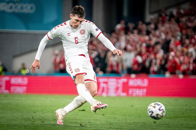 Andreas Christensen scores the third of Denmark's four goals against Russia. EPA
