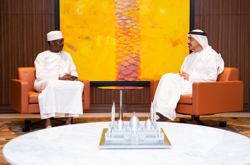 Sheikh Abdullah bin Zayed meets Zakaria Idriss Deby, ambassador of Chad to the UAE, to receive a note from Chadian President Idriss Deby to deliver to Sheikh Mohammed bin Zayed, Crown Prince of Abu Dhabi and Deputy Supreme Commander of the Armed Forces.. MOFA / Wam