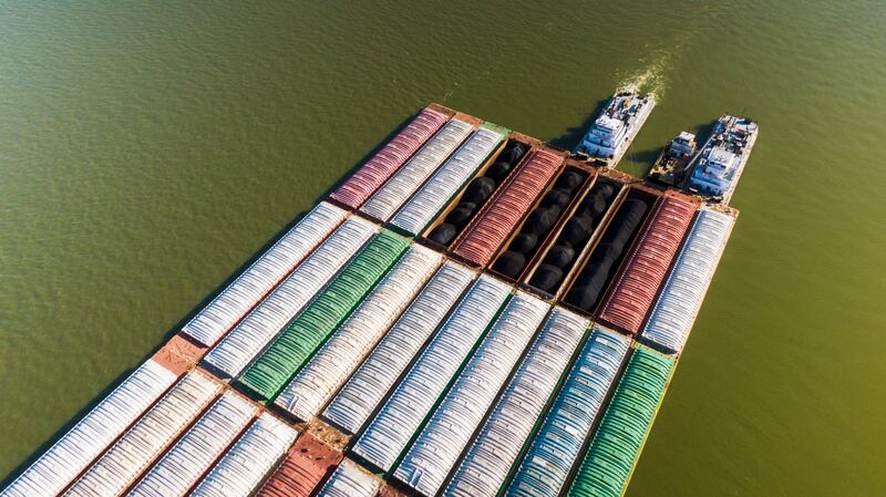 Barges are towed on the Ohio river, where it meets the Mississippi river. The Mississippi river is at historically low levels, causing major supply chain disruptions and a sharp increase in commercial barge freight rates. EPA