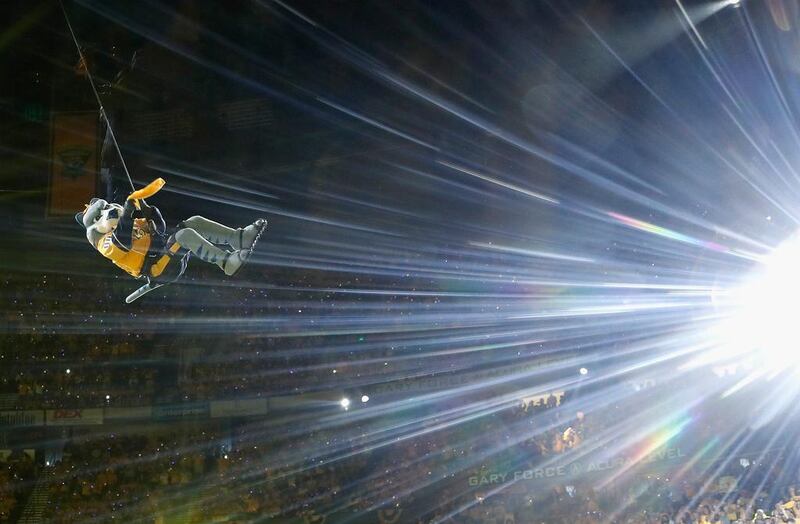 Nashville Predators mascot Gnash rappels to the ice before the start of Game Six of the 2017 NHL Stanley Cup final against the Pittsburgh Penguins. Justin K Aller / Getty Images / AFP