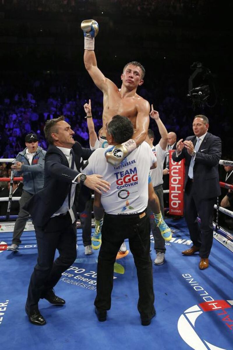 Gennady Golovkin celebrates after winning the fight. Andrew Couldridge / Action Images