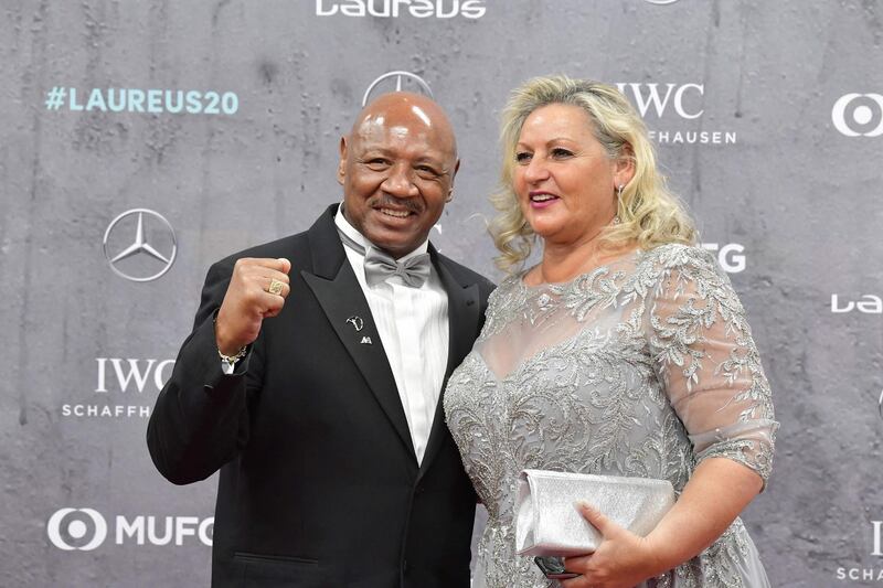 In this file photo Laureus Academy member Marvelous Marvin Hagler and his wife Kay Guarrera pose on the red carpet prior to the 2020 Laureus World Sports Awards ceremony in Berlin on February 17, 2020.  Boxing legend Marvin Hagler, the undisputed middleweight champion from 1980 to 1987, has died at age 66, his wife said Saturday, March 13.
In a posting on the famed fighter's Facebook page, Kay G. Hagler said her husband died at the family home in New Hampshire. AFP