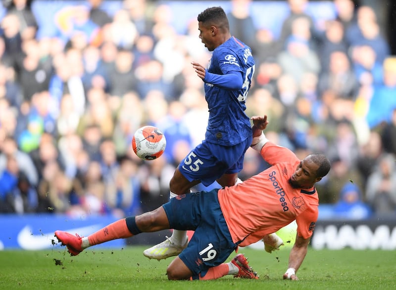 Tino Anjorin of Chelsea is tackled by Djibril Sidibe of Everton during their Premier in March. Getty Images