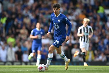 Chelsea's German midfielder Kai Havertz controls the ball during the English Premier League football match between Chelsea and Newcastle United at Stamford Bridge in London on May 28, 2023.  (Photo by JUSTIN TALLIS / AFP) / RESTRICTED TO EDITORIAL USE.  No use with unauthorized audio, video, data, fixture lists, club/league logos or 'live' services.  Online in-match use limited to 120 images.  An additional 40 images may be used in extra time.  No video emulation.  Social media in-match use limited to 120 images.  An additional 40 images may be used in extra time.  No use in betting publications, games or single club/league/player publications.   /  