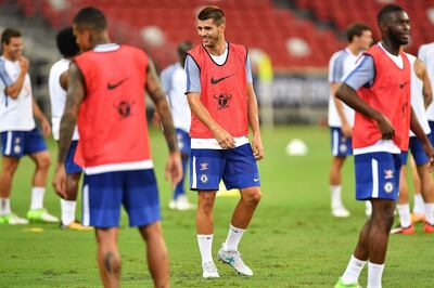 SINGAPORE - JULY 24: Alvaro Morata #9 of Chelsea FC smiles during a Chelsea FC International Champions Cup training session at National Stadium on July 24, 2017 in Singapore.  (Photo by Thananuwat Srirasant/Getty Images  for ICC)