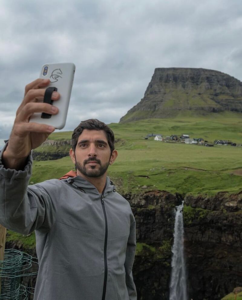 Sheikh Hamdan takes a waterfall selfie in the Faroe Islands.