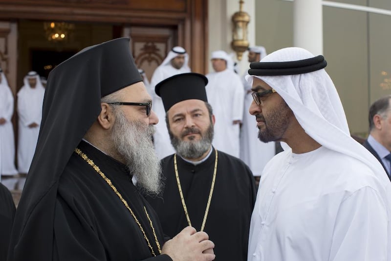 Sheikh Mohammed bin Zayed, Crown Prince of Abu Dhabi and Deputy Supreme Commander of the Armed Forces, bids farewell to John X Al Yazigi, the Greek Orthodox Patriarch of Antioch and all of the East.