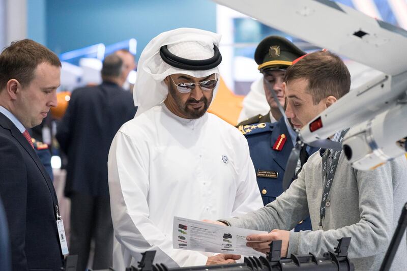 ABU DHABI, UNITED ARAB EMIRATES - February 27, 2018: HH Sheikh Mohamed bin Zayed Al Nahyan, Crown Prince of Abu Dhabi and Deputy Supreme Commander of the UAE Armed Forces (2nd L), visits the Spets Techno Export stand while touring the Unmanned Systems Exhibtion and Conference (UMEX) 2018 at the Abu Dhabi National Exhibition Centre (ADNEC).  
( Ryan Carter for the Crown Prince Court - Abu Dhabi )
---