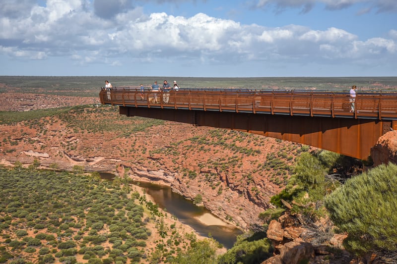 The new Kalbarri Skywalk hangs over the edge of a ravine, offering startling views of a dramatic landscape. Photo: Ronan O'Connell