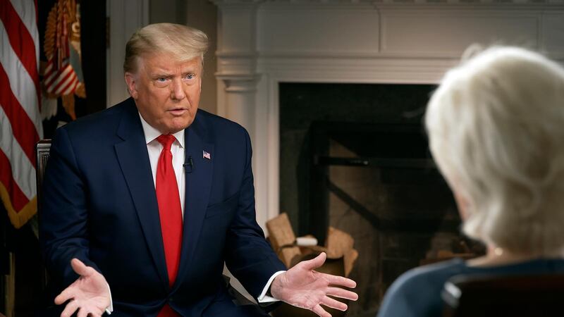 President Donald Trump speaks during an interview on show 60 Minutes conducted by Lesley Stahl in the White House. AP