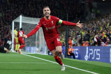 Soccer Football - Champions League - Semi Final - First Leg - Liverpool v Villarreal - Anfield, Liverpool, Britain - April 27, 2022 Liverpool's Jordan Henderson celebrates after Villarreal's Pervis Estupinan scored Liverpool's first with an own goal after deflecting a shot by Henderson Action Images via Reuters / Carl Recine     TPX IMAGES OF THE DAY