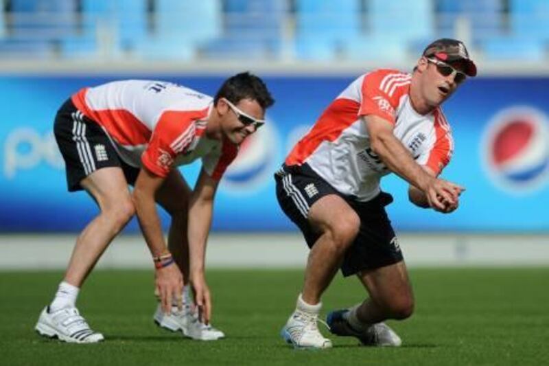 DUBAI, UNITED ARAB EMIRATES - FEBRUARY 02:  England captain Andrew Strauss and James Anderson take part in a fielding drill during a nets sessions at The Dubai International Cricket Stadium on February 2, 2012 in Dubai, United Arab Emirates.  (Photo by Gareth Copley/Getty Images) *** Local Caption ***  138078340.jpg