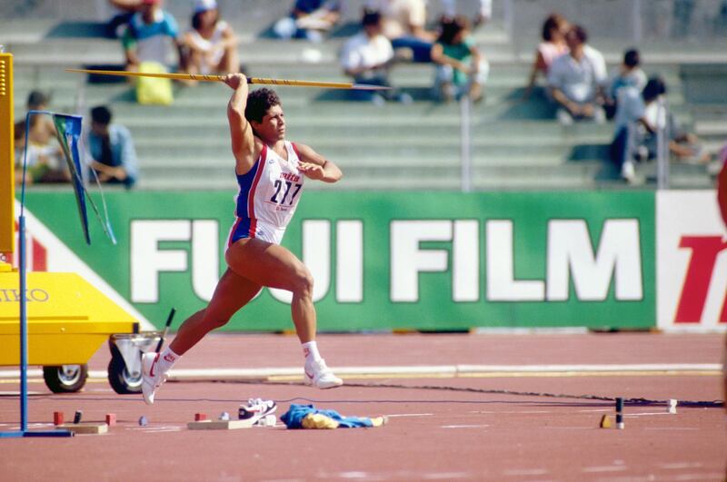 Great Britain's Fatima Whitbread in action during the Women's Javelin.  She went on to win the gold medal with a then Championship Record distance of 76.64 metres  (Photo by S&G/PA Images via Getty Images)