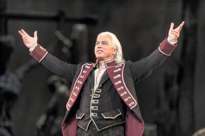 Russian baritone Dmitri Hvorostovsky performs (as 'Count di Luna') at the final dress rehearsal prior to the season premiere of the Metropolitan Opera/Sir David McVicar production of 'Il Trovatore' ('The Troubadour,' by Giuseppe Verdi) at the Metropolitan Opera House, Lincoln Center, New York, New York, September 22, 2015. (Photo by Jack Vartoogian/Getty Images) *** Local Caption *** Dmitri Hvorostovsky