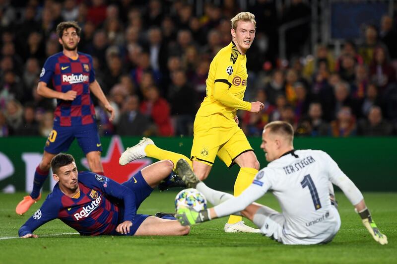 Barcelona goalkeeper Marc-Andre Ter Stegen saves from Dortmund's Julian Brandt. AFP