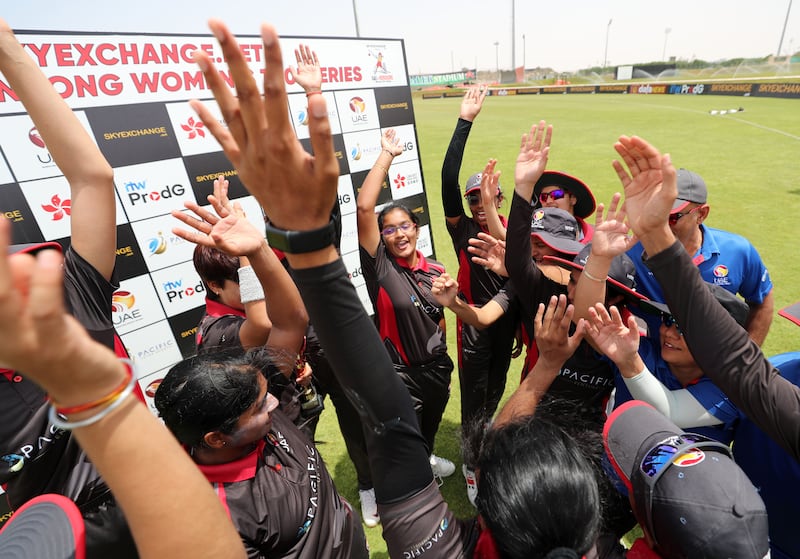 The UAE team celebrates after beating Hong Kong in the fourth T20 International at the Malek Cricket Ground, Ajman. 